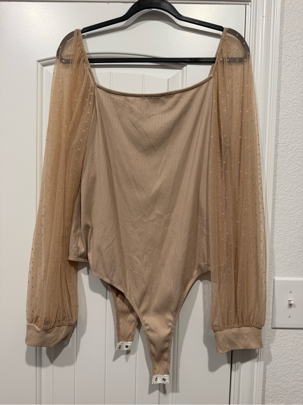 Pink Lily Beige Sheer Puff Sleeve Ribbed Bodysuit
